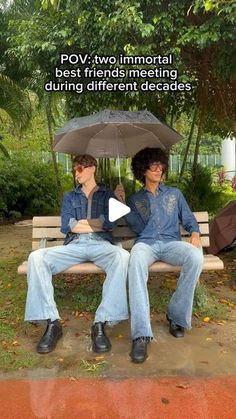 two people sitting on a bench with an umbrella over their heads and the caption pov two informal best friends meeting during different decades