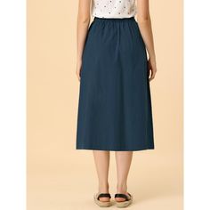 Remember the good times in this cotton A-line midi skirt. Simple and delicate, this skirt features an elastic waist, slash pockets, a solid color, cotton fabric, and an A-line and midi design. From Monday to Sunday, this skirt is effortless to throw on. With the design of an elastic waist, this skirt is easy to wear for all kinds of body shapes. Pair it perfectly with a T-shirt or shirt for a stylish look. Midi Skirt With Pockets, Chic Woman, Skirts With Pockets, Midi Length, Body Shapes, Elastic Waist, Dark Blue, Casual Women, Midi Skirt