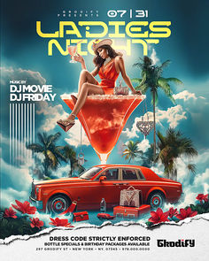 the poster for ladies night with a woman in an orange dress sitting on top of a car