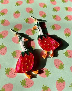 large dangle earrings with geese dressed as a strawberry Porch Ornaments, Display Cards, Gold Plated Earrings, Shades Of Red, Post Earrings, Original Design, Spice Things Up