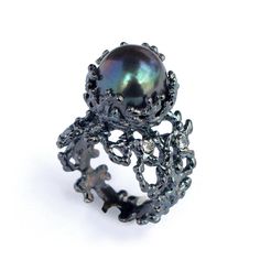 CORAL Black Pearl Ring Black Ring Silver Statement от AroshaTaglia Black Fantasy Rings As Gift, Black Fantasy Style Rings As Gift, Fantasy Style Black Ring For Gift, Black Pearl Ring, Engagement Ring Black, Interesting Jewelry, Silver Pearl Ring, Black Engagement Ring, Black Ring