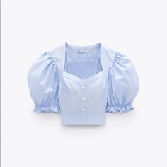 Item: Pearl Button Puff Sleeve Top Blue Size: Medium Brand: Zara Condition: New, With Tag See Images For More Details! Sale Price + Discounted Shipping! Offers Are Always Welcomed Peplum Crop Top, Button Crop Top, Diy Vetement, Rib Knit Top, Blue Crop Tops, Puffy Sleeves, 가을 패션, Puff Sleeve Top, Pearl Buttons