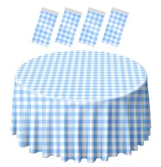 a blue and white checkered table cloth with four pieces of paper sticking out of it