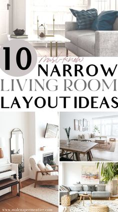 the top ten narrow living room layouts with text overlay that reads 10 narrow living room layout ideas