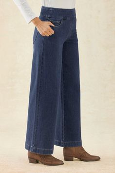 A fresh new style in our so-comfortable knit denim, updated with a modern leg shape. Our wide-leg jeans feature a flat pull-on waistband, with faux fly and 5-pocket styling. | Women's Knit Denim Wide-Leg Jeans - Medium Wash - 10 Versatile Dark Wash Cropped Leg Bottoms, Versatile Stretch Denim Flare Jeans, Versatile Cropped Leg Denim Blue Bottoms, Dark Wash Comfort Stretch Straight Leg Bottoms, Versatile Wide Leg Stretch Jeans, Stretch Denim Wide Leg Pants, Versatile Stretch Wide Leg Jeans, Comfort Stretch Denim Straight Leg Bottoms, Comfort Stretch Straight Leg Denim Bottoms