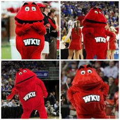 four pictures of people in red mascot costumes