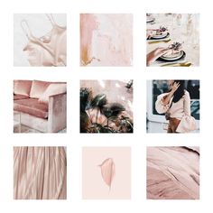 a collage of pink and white images