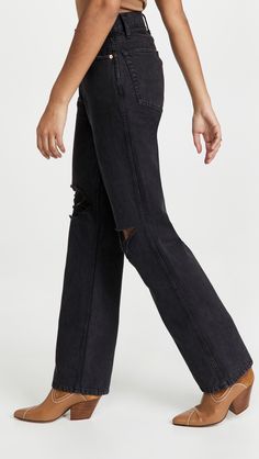 Fabric: Mid-Weight, Non-Stretch Denim Shredded Holes Wide-Leg Cut Button Fly 5-Pocket Styling Shell: 100% Cotton Wash Cold Imported, Mexico Measurements Measurements From Size 25 Rise: 11.5In / 29Cm Inseam: 32In / 81Cm Leg Opening: 16.5In / 42Cm | RE/DONE High Rise Rigid Loose Jean Mexico Style, Loose Jeans, Heritage Brands, Straight Cut, Cut And Style, Stretch Denim, Casual Looks, Black Jeans, Full Length