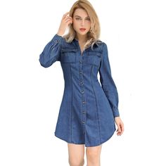 This Women's Denim Tunic Dress is crafted from soft and comfortable cotton denim, making it perfect for spring, autumn, and winter wear. The shirt dress features a flattering shape with pared-back details and a cinched waist. It includes a feminine silhouette, chest pockets, and a classic collar with a front button placket. The dress is cut to a flattering above-knee length. Pair it with canvas trainers for a casual, off-duty look. Please note that the model is wearing a size XS. Casual Buttoned Shirt Dress For Winter, Casual Winter Shirt Dress With Buttons, Winter Casual Shirt Dress With Buttons, Light Wash Chambray Denim Dress For Fall, Denim Blue Cotton Dress With Buttons, Fall Denim Chambray Dress, Fall Cotton Denim Dress With Button Closure, Fall Denim Blue Chambray Dress, Casual Long Sleeve Denim Dress For Spring