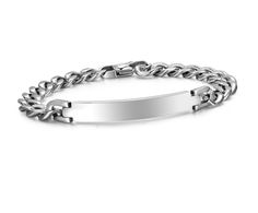 "This personalized silver ID bracelet can be custom engraved on both sides with a name, date or monogrammed initials. This engraved bracelet is made from high quality stainless steel that will never corrode, rust or change color. Our engraved jewelry make perfect personalized gifts for any occasion. Fits Wrist Sizes: Adjustable 7\" - 7.75\" Finish: High Polished Stainless Steel Clasp Type: Lobster Link Style: Figaro Plaque Dimensions: 1.25\" x 0.25\" It is the perfect gift for couples! Show your Adjustable Nameplate Stainless Steel Jewelry, Silver Name Bracelet With Engraving For Anniversary, Classic Adjustable Silver Name Bracelet, Classic Silver Chain Bracelet With Engraving Option, Silver Chain Bracelet With Engraving Option, Silver Bangle Bracelet With Engraving Option, Classic Stainless Steel Name Bracelet For Personalized Gift, Silver Stainless Steel Bracelets With Engraving Option, Classic Stainless Steel Name Bracelet For Anniversary