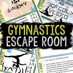 gymnastics escape room with the words gymnastics in black and yellow, surrounded by images of people doing