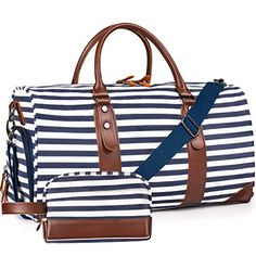 Brand: OflamnColor: [A] Blue Stripe #1Features: PERFECT WEEKENDER BAG - A large sized duffel bag that can fit in 2-4 days of daily essentials such as clothes, shoes, tumblers and electronic devices. The main compartment also comes with an inner zipper pocket and 2 large outer pockets to hold your smart phone, IDs or passport. FLIGHT FRIENDLY - The carry on bag is designed to meet the flight regulations and requirements for carry on luggage. Feel free to travel around with it without worrying los Canvas Duffel Bag, Canvas Weekender Bag, Carry On Tote, Weekender Bags, Sac Week End, Leather Duffle Bag, Leather Duffle, Duffle Bag Travel, Travel Duffel