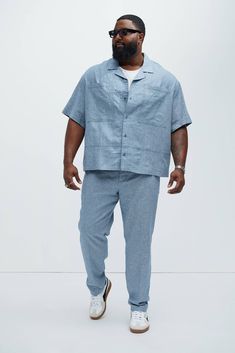 Available In Blue, Ice Blue, White, Stone, Oatmeal, Green and Black Fold Down Collar Front Button Closure Chest Pockets Short Sleeve 55% Linen, 45% Cotton Pair With "Bahamas Linen Cargo Shorts" Pair With "Bahamas Linen Shorts" Pair With "Bahamas Linen Pants" Imported | Mens Bahamas Linen Cuban Shirt in Blue size XL by Fashion Nova Blue Tops With Welt Pockets For Spring, Blue Shirt With Welt Pockets For Summer, Casual Blue Tops With Welt Pockets, Light Blue Linen Casual Tops, Blue Tops With Welt Pockets For Summer, Blue Summer Tops With Welt Pockets, Casual Light Blue Linen Tops, Casual Blue Linen Shirt, Big And Tall Casual Short Sleeve Shirt