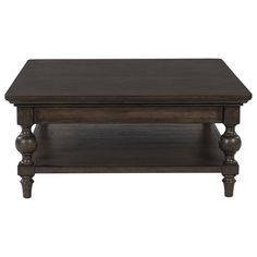 For those who appreciate a time-honored aesthetic with understated elegance, this coffee table brings home a timeless look. Its rich brown walnut finish merges seamlessly with a profiled top and traditional baluster turned legs for a richly classic appeal. And did we mention the spacious lower shelf to display your whatnots? | Signature Design by Ashley Veramond Coffee Table in Dark Brown | Wood | Nebraska Furniture Mart Cozy Living Rooms Coffee Tables, Dark Wood Coffee Table Living Room, Coffee Table Dark Wood, Dark Academia Coffee Table, Moody Coffee Table, Dark Brown Coffee Table, Dark Coffee Table, Wood Coffee Table Living Room, Square Wood Coffee Table