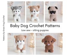 crochet patterns for baby dogs and puppies are shown in four different styles