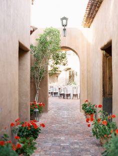 an alley way with potted plants and flowers on either side, leading to tables in the distance