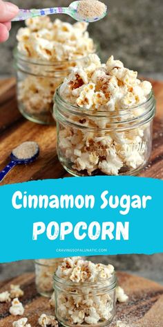 cinnamon sugar popcorn in small glass jars on a cutting board