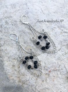 Black and Silver Boho Dangle Earrings With Silver Chain And Black Beaded Rosary Chain, Boho Earrings, Chandelier, Free Formed