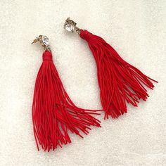 Red 4-Inch Long Tassel Dangling Earrings, Clear Rhinestone Stud. New Never Worn. Tassel Earring, Earrings Red, Earrings Studs, Rhinestone Studs, Square Earrings, Dangling Earrings, Source Unknown, Chain Earrings, Clear Rhinestones