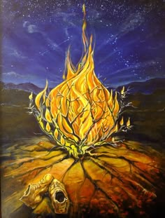 a painting of a burning tree in the middle of nowhere