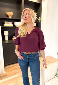 This merlot blouse is a must-have in any wardrobe. The lightweight material makes it perfect for any season and the ruffled neckline and cuffs add a touch of delicate femininity. With its v-neck and pleat details, this blouse creates a flattering silhouette. Elevate your style with the Best Effort Blouse in Olive! By Entro Model is 5'5 wearing a small Fits true to size 60% rayon, 40% polyester Pullover Cardigan, Ruffled Neckline, Kimono Dress, Merlot, What To Wear, Print Dress, Jumpsuit Romper, Sweater Dress, Two Piece