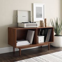 a record player sitting on top of a wooden shelf next to a potted plant