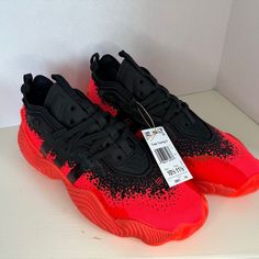 New With Tags Trey Young 3, Size Adidas Red Basketball Shoes With Rubber Sole, Dynamic Red Adidas Sneakers, Adidas Red Basketball Shoes With Abzorb Midsole, Adidas Black Sneakers With Red Sole, Adidas Barricade, Adidas Busenitz, Balenciaga Arena, Black Basketball Shoes, Spike Shoes