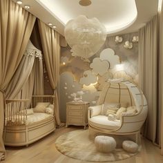 this is a very elegant baby's room with white furniture and balloons hanging from the ceiling