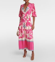 Puff-sleeve silk maxi dress in multicoloured - Adriana De Greas | Mytheresa Spring Silk Maxi Dress With V-neck, Silk V-neck Maxi Dress For Spring, Pink Floral Print Silk Midi Dress, Silk Floral Print Floor-length Midi Dress, Floor-length Silk Midi Dress With Floral Print, Floral Print Silk Maxi Dress, Elegant Pink Viscose Dress, Chic Pink Rayon Maxi Dress, Formal Maxi Viscose Dress