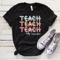 This New Teacher Gift personalized shirt is the most thoughtful way to show your appreciation for your teacher, family, and friends as a back-to-school gift. How To Order  1. Kindly check and review all photos for your reference. 2. Choose your t-shirt size. 3. Choose your t-shirt color 4. Click add to cart when done. 5. If you need more than 1 shirt, please go back and add more. 6. Click "Proceed to check out." 7. If you have any questions, please get in touch with us. 8. Enjoy your item! 🙌Our Personalized Casual Tops For Teacher Appreciation, School Spirit T-shirt With Letter Print As Gift, Back To School T-shirt With Text Print For Teaching, Back To School Text Print T-shirt For Teaching, School Spirit T-shirt With Name Print For Teacher Appreciation, Back To School Teacher Appreciation T-shirt, Personalized T-shirt For Teacher Appreciation And Back To School, Personalized Teacher Appreciation T-shirt For Back To School, Casual T-shirt With Custom Text For School