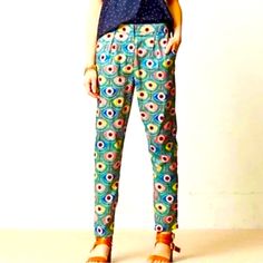 Mara Hoffman New Evil Eye Print Single Pleat Tapered Pants Size 6 Nwot Patterned Printed Straight Pants, Spring Patterned Trousers, Multicolor Printed Straight Leg Pants, Blue Floral Print Bottoms For Workwear, Fitted Straight Pants With Printed Details, Multicolor Workwear Pants With Pockets, Blue Printed Trousers, Summer Printed Pants For Workwear, Blue Floral Print Pants For Work