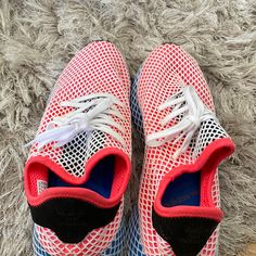 Adidas Deerupt Red Blue Size 11 Like New Never Worn Red Low-top Running Shoes With Rubber Waffle Outsoles, Red Mesh Running Shoes For Jogging, Red Mesh Sneakers For Running, Red Mesh Running Shoes With Cushioned Footbed, Red Mesh Sneakers For Jogging, Red Mesh Sneakers With Laces, Red Mesh Lace-up Sneakers, Red Mesh Running Shoes With Round Toe, Casual Red Running Shoes With Rubber Waffle Outsoles