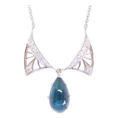 For Sale on 1stdibs - This Custom Designed and Crafted, One of a Kind Drop Necklace by Artisan Tom Castor features in Art Nouveau Tradition, Delicate and Open, Diamond Wings. Blue Tourmaline, Art Nouveau Jewelry, Morganite Engagement Ring, Teardrop Necklace, Drop Necklace, Pad Thai, High Jewelry, Tear Drop, White Diamond