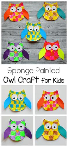 paper plate owl craft for kids with the words sponge painted on it and four pictures of owls