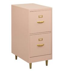 a pink filing cabinet with two drawers and gold handles on the bottom drawer, against a white background