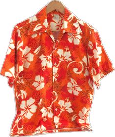 Collared Camp Shirt With Hibiscus Print For Summer, Orange Collared Tops For Summer, Fitted Floral Print Beach Shirt, White Retro Hawaiian Shirt For Vacation, Fitted Tropical Shirt For Vacation, Orange Summer Beach Shirt, Orange Short Sleeve Camp Shirt For Vacation, Summer Orange Shirt For Beach, Summer Orange Beach Shirt