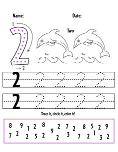 the number two worksheet for numbers 2 and 3 with dolphins on it