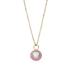 Upgrade your jewelry wardrobe with our Ethiopian Opal & Pink Sapphire Peekaboo Heart Necklace. Crafted in 18k gold and tonal pink sapphires, this ball necklace showcases a stunning giant morganite heart, which opens up to reveal another pavé sapphire heart mirrored at its center. The most unique gift for a special woman you love. Gold Locket Necklace, Heart Mirror, Jewelry Wardrobe, Round Locket, Unique Jewelry Gifts, Heart Locket Necklace, Gold Locket, Ball Necklace, Locket Charms