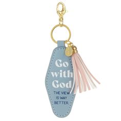 With plenty of room for a variety of keys, this ogee-shaped keychain makes a perfect gift for birthdays, Mother's Day, graduation and more. Metal ring with blue faux leather fob featuring an inspirational message, a pink faux leather tassel and a gold metal charm with debossed cross design will keep you moving forward and on course during all your daily travels. | Keychain features a metal ring with blue fob and pink tassel in faux leather, a gold metal cross charm and lobster clasp. | On key fo Keychains Preppy, Go With God, Preppy Keychain, Leather Fob, Preppy Things, Easy Diy Gifts, Metal Cross, Pink Tassel, Product Ideas