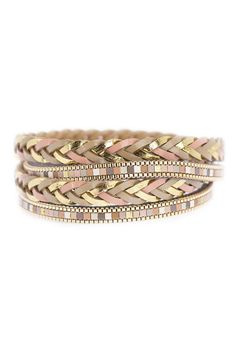 Double strand chain and braided leather wrap bracelet. Magnetic closure. Approx. 15" L x 0.5" W. Imported Cloth Store, Braided Leather Bracelet, Household Chores, Braided Strap, Everyday Outfit, Leather Wrap Bracelet, Pink Bracelet, Keep Jewelry, Braided Leather