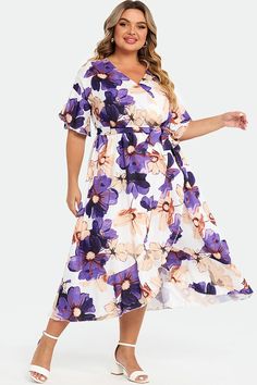 Purple A-line Midi Dress With Floral Print, Purple Floral Print V-neck Dress, Purple Floral Print A-line Midi Dress, Casual Purple Floral Print Midi Dress, Purple Floral Print Short Sleeve Midi Dress, Flared Sleeve Dress, Teacher Clothes, Flare Sleeve Dress, Color Flower