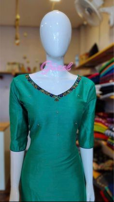 cotton silk kurti with embroidery designs on the neck and 3/4th sleeve length  slitted kurti kurti length:46 Festive Embroidered Kurta With 3/4 Sleeves, Festive 3/4 Sleeve Embroidered Kurta, Festive Kurta With 3/4 Sleeve For Eid, Festive 3/4 Sleeve Kurta For Eid, Festive V-neck Self Design Kurta, Semi-stitched Straight Kurta Blouse For Eid, Festive Kurta With 3/4 Sleeves, Traditional V-neck Kurta With Self Design, Eid Cotton Silk Kurta With Embroidered Neckline