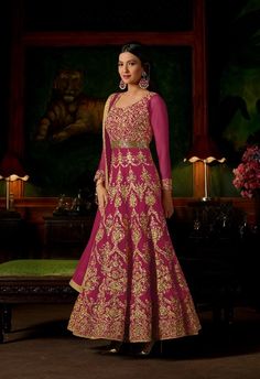 #pink #golden #anarkali #anarkalisuit #salwarkameez | silk with net | fabric georgette | pink and golden anarkali suit | party wear | Bangladeshi Wedding, Pink Anarkali Suits, Gauhar Khan, Georgette Anarkali Suits, Wedding Designers, Floor Length Anarkali, Pink Anarkali, Long Anarkali, Designer Anarkali Suits