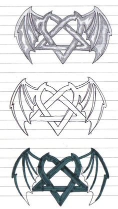 three different types of tattoos on lined paper with lines in the middle and one is drawn to