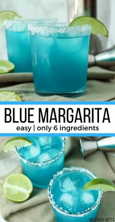 two blue margaritas with lime slices on the rim