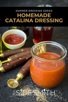 homemade catalina dressing in a jar with cinnamon sticks