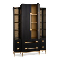 a tall black cabinet with gold trimmings and drawers on the front, along with an open door