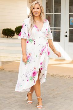 Chic Soul plus size clothing, cream v neck short ruffle sleeve pink floral pattern midi dress Elegant Spring Wrap Dress With Ruffle Hem, White Feminine V-neck Wrap Dress, Spring Flowy Wrap Dress With Flutter Sleeves, Spring Wrap Dress With Flutter Sleeves, Spring Fitted Wrap Dress With Ruffle Hem, Spring Flutter Sleeve Wrap Dress For Brunch, Spring Feminine Floral Dress With Surplice Neckline, Spring Wrap Dress With Flutter Sleeves For Brunch, Summer Wrap Dress With Flutter Sleeves For Brunch