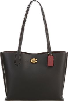 Black Pebbled Leather Bag With Gunmetal Hardware, Coach Bags With Magnetic Closure For Office, Coach Leather Shoulder Bag With Magnetic Closure, Elegant Pebbled Leather Bag With Turn-lock Closure, Coach Willow, Black Leather Tote Bag, Black And Brass, Dillard's, Leather Tote Bag