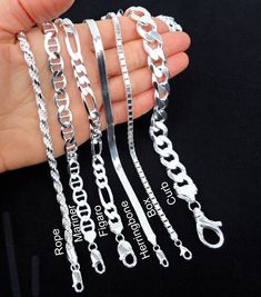 Solid Italian 925 Silver thick chains  Stamped 925, Italy SOLID 925 Silver - NOT Hollow! These high-quality solid Sterling silver chains are made in Italy  with the finest top quality sterling silver that will last a lifetime with proper care. Sterling silver will not wear down like silver plating does. No allergy metals are used.  Chains are finished with a 925 Lobster Clasp 15mm Curb chains are finished with lobster claw clasp. Clasps are included in the total length. Curb Chains Width:  9.3 m Men Necklaces, Chain Link Necklace Silver, Mens Chain, Silver Chain For Men, Herringbone Necklace, Mens Chain Necklace, Gold Bangles Design, Silver Chains, Sterling Silver Chain Necklace